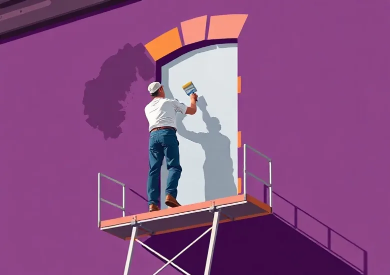 Peintre sur échafaudage traitant la façade d'une maison