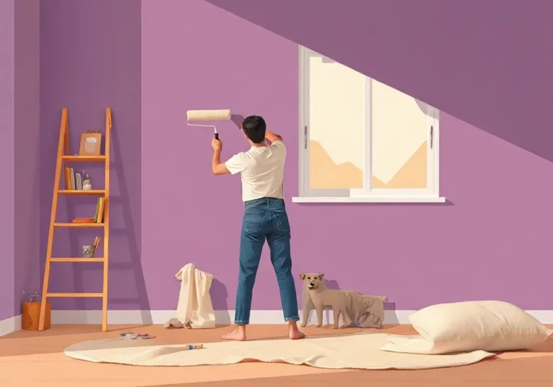 Peintre appliquant la peinture au rouleau sur un mur de salon